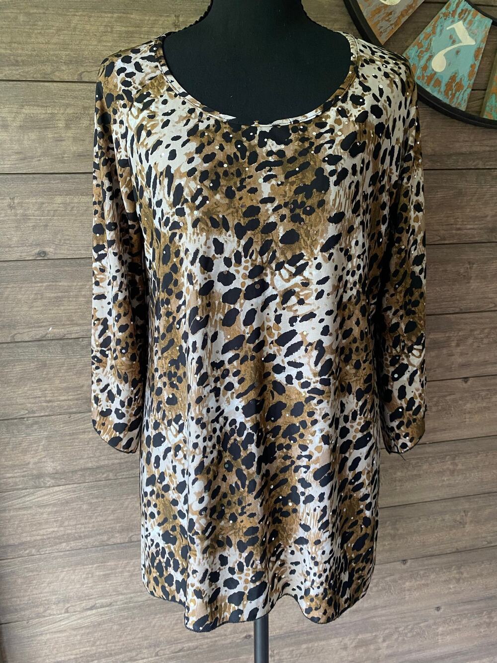 Brittany Black Leopard Print Embellished Metallic Sparkle Tunic Top Size L Chic